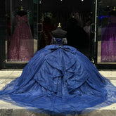 Dark Navy Tulle Quinceanera Dress Off-Shoulder Beaded Ball Gown with Bow Knot for Sweet 16 & Princess Parties